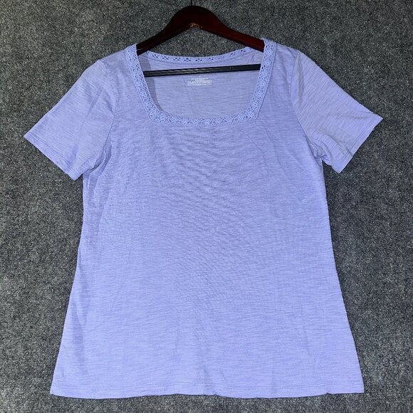 Talbots Top Womens Medium Purple Cotton Knit Short Sleeve Lace Neck Pullover Tee - Picture 1 of 6